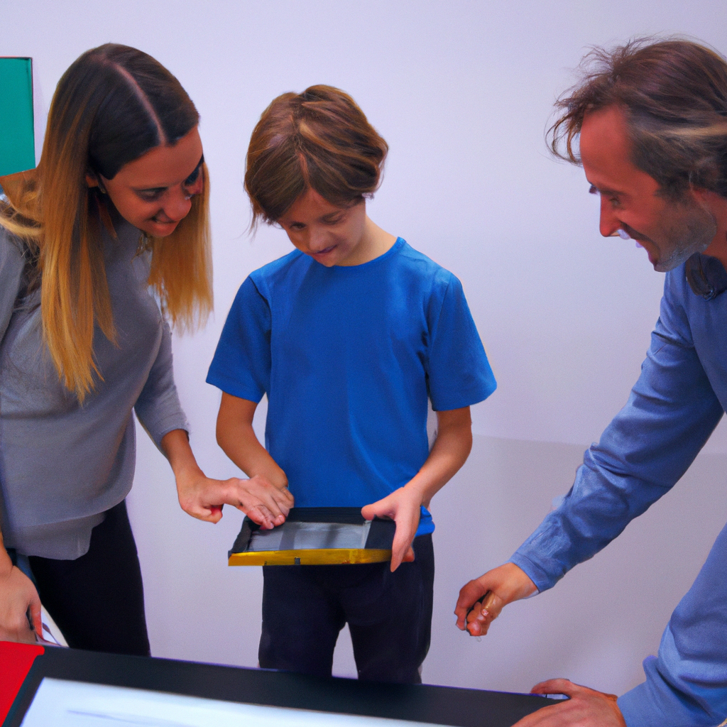 Child presenting a game project to parents and a teacher in a modern lab